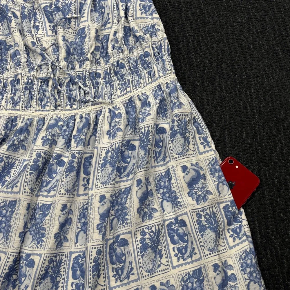 Abercrombie & Fitch Blue White Fruit Stamp Smocked Tie-Front Maxi Dress Flowy XL